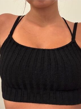 Ribbed Knit Black Crop Top with Thin Straps
